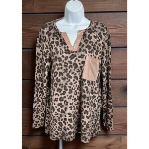 Women's Honeyme Animal Print Long-Sleeve Top Sz Small Pink Over-Sized V-Neck